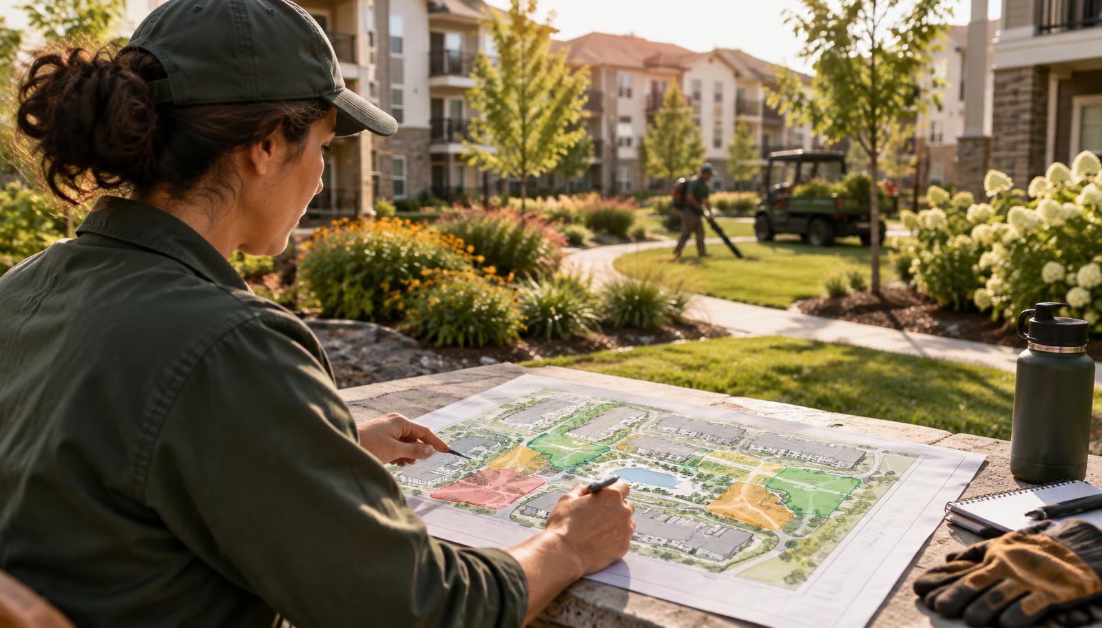 Apartment Complex Landscaping: Plan Zones, Scope Work, and Maintain Quality showing start with a site plan, not a generic ser